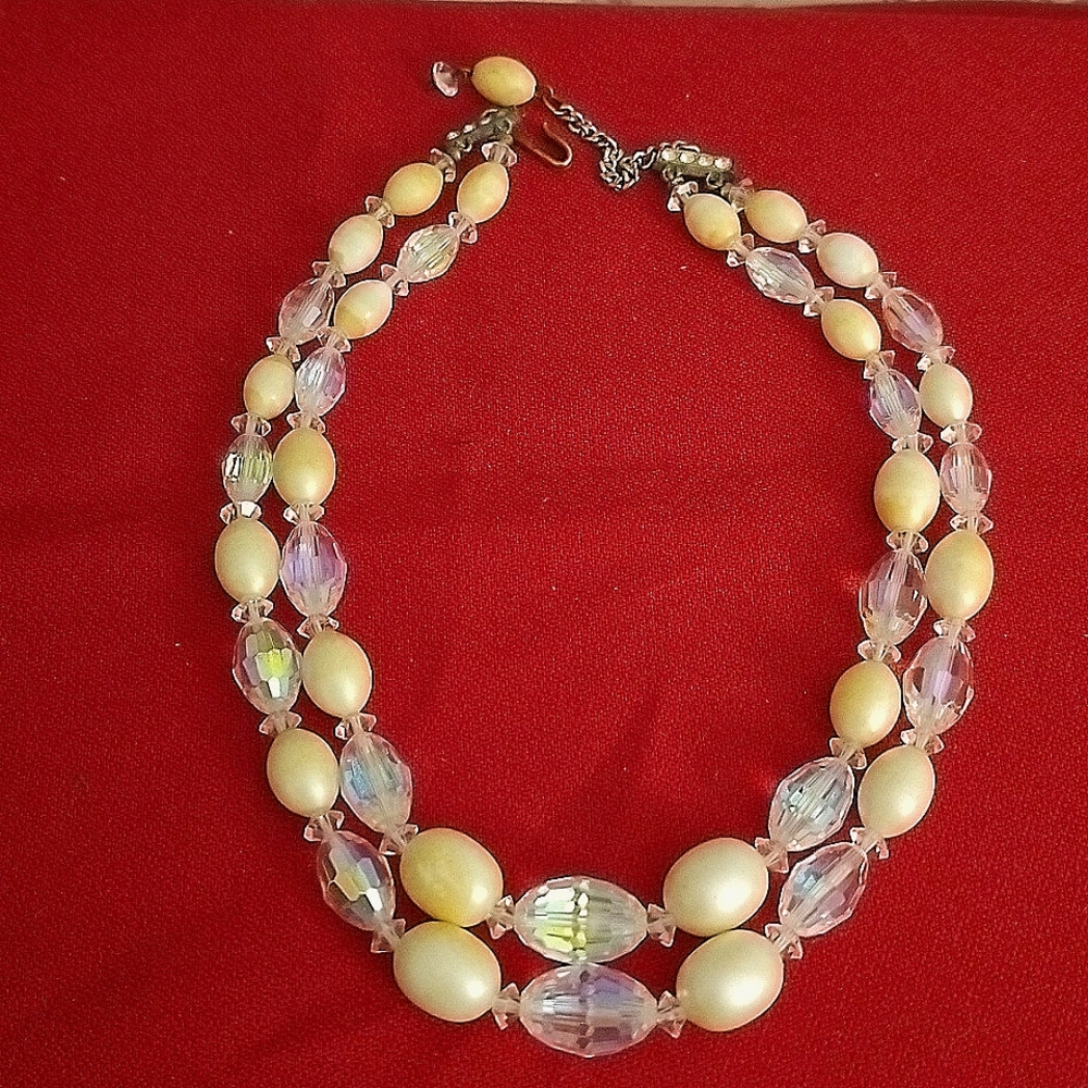 Vtg 2 Strand AB Crystal and Faux Pearl Choker